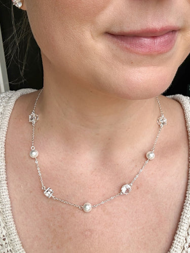 Silver Pearl & Crystal Station Necklace - STILOSA