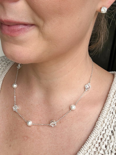 Silver Pearl & Crystal Station Necklace - STILOSA